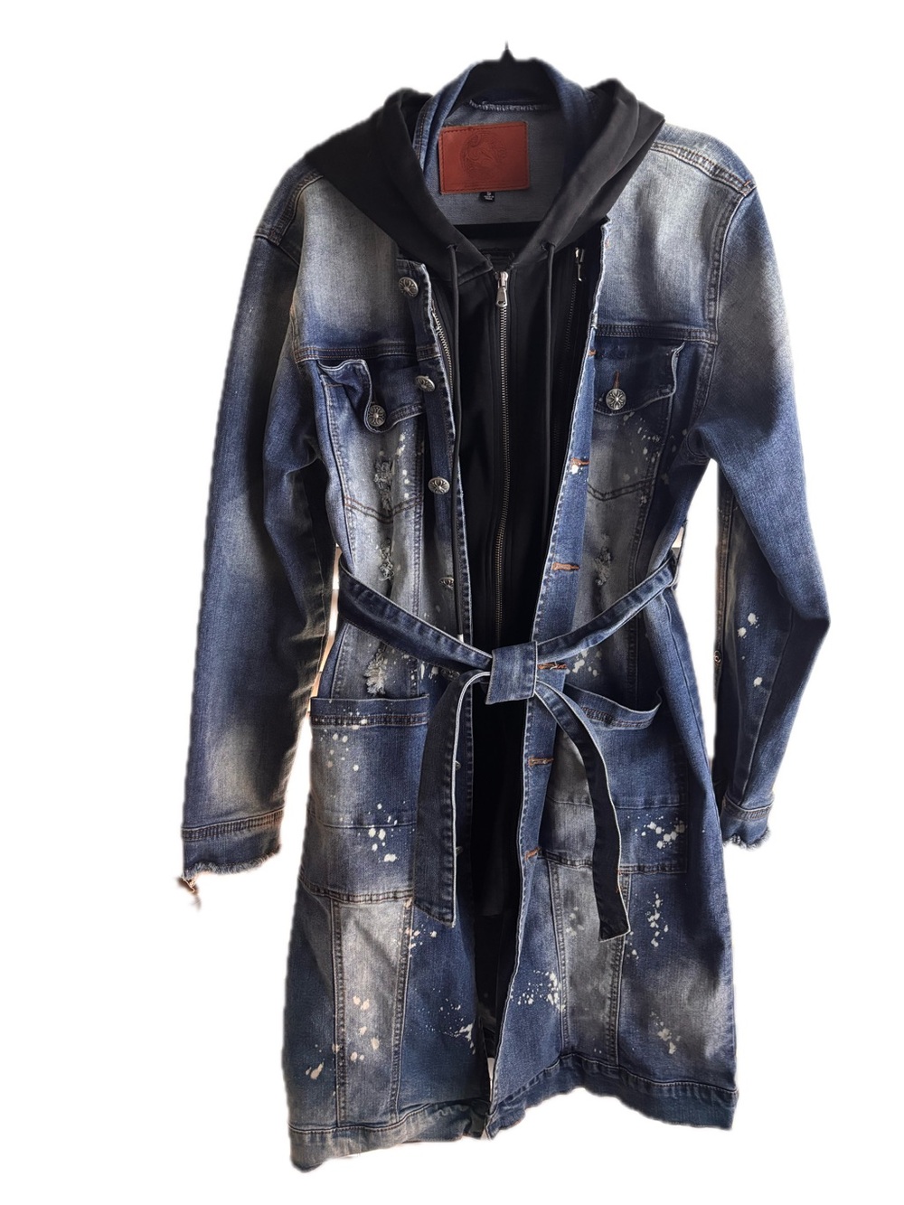Iro-Ochi Denim Trench Coat with Paint-Splash Accents and Black Hooded Insert